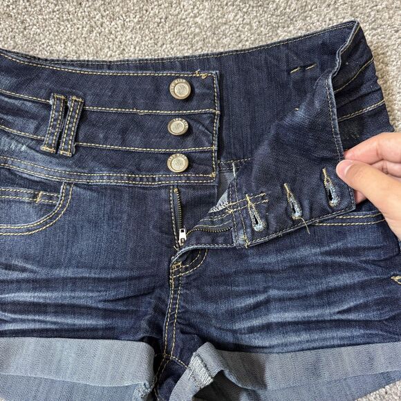 1st Kiss Denim Shorts Womens 7 Dark Wash High Rise Triple Button Cuffed Cute - Picture 4 of 11